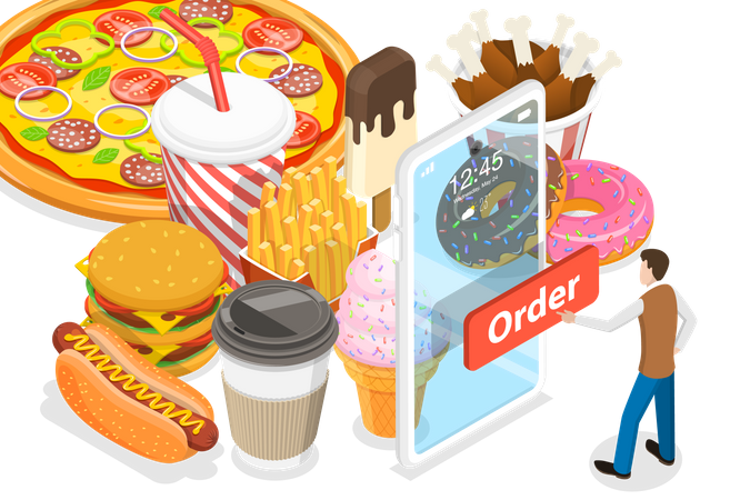 Online-Essensbestellung per Handy im Restaurant  Illustration
