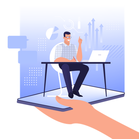 Online expert concept. Assistant sitting at the desk.  Illustration