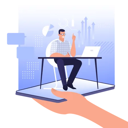 Online expert concept. Assistant sitting at the desk.  Illustration