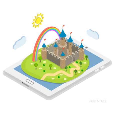 Online Fairy Tale Reading Isometric Flat Vector Concept Fairy Tale Landscape With Castle And Rainbow Laying On Tablet Illustration
