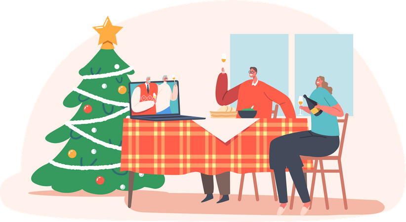 Online Family Celebrate Christmas Illustration