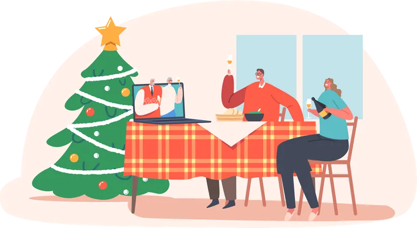 Online Family Celebrate Christmas  Illustration
