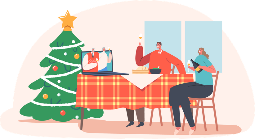 Online Family Celebrate Christmas  Illustration