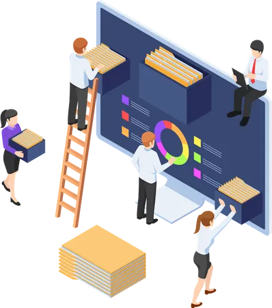Flat 3 D Isometric Business People Are Organize Document Files And Folders Inside Computer File And Data Management Concept Illustration