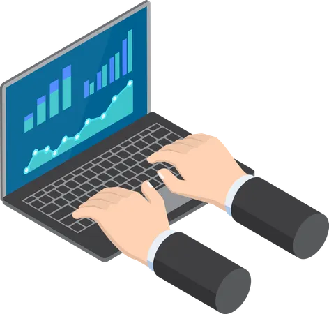 Flat 3 D Isometric Businessman Hands Using Laptop With Financial Report Graph On Monitor Online Marketing And Computer Technology Concept Illustration