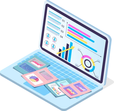 3 D Isometric Laptop With Data Analytics Increase Graphic Diagram Chart Financial Presentation Strategy Plan Analysis Data Visual Digital Presentation At Screen Papers Or Reports With Statistic Illustration