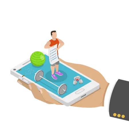 Online Coach Flat Isometric Vector Concept Hand Is Holding A Smartphone With A Fitness Instructor On It That Is Surrounded By Sport Requisites Instructor Is Holding In His Hand A Training Program Illustration