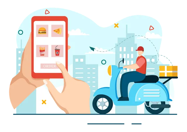 Online Food Delivery Vector Illustration With Order Food On The Phone And It Will Be Delivered According To The Destination In Flat Cartoon Background Illustration