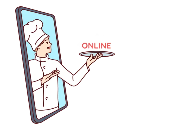 Man Restaurant Chef Cook With Word Online On Tray Looks Out Of Phone Screen Offering To Download Mobile Application Guy Who Works As Chef Recommends Using Food Delivery Services To Home Illustration