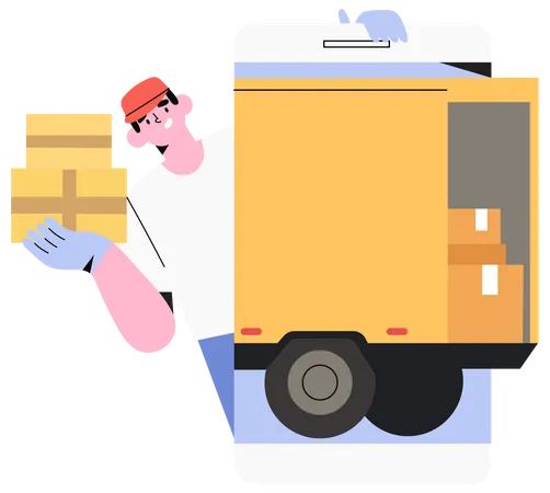 Online Food Or Package Free Fast Delivery Service Or Application Company Courier Hold Box With Products Clothes Electronics Order Online Or Cargo Delivery For Commercial And Private Interests イラスト