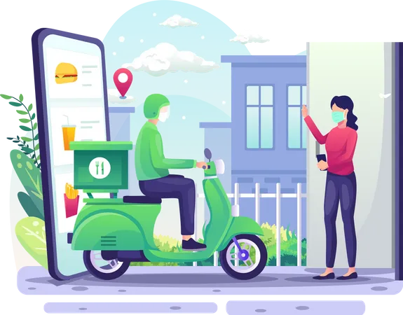 Online Food Delivery Concept With Delivery Man And Scooter Deliver Food Order To A Woman Flat Vector Illustration Illustration