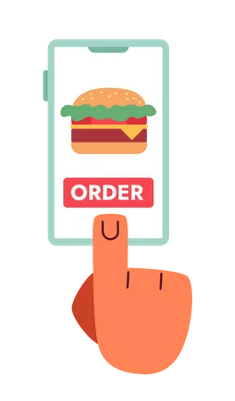Burger Order Mobile App Flat Concept Vector Spot Illustration Editable 2 D Cartoon First View Hand On White For Web UI Design Fast Food Idea For Website Landings Mobile Headers Jost Bold Font Used Illustration