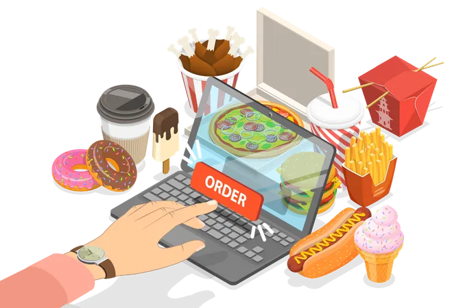 3 D Isometric Flat Vector Conceptual Illustration Of Restaurant And Cafe Online Food Order App Mobile Booking Fast Free Delivery Illustration
