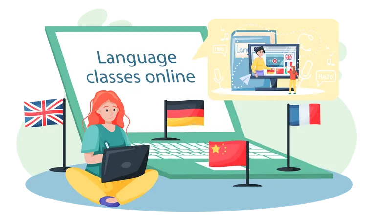 Language Classes Online With Education Platform Vector Banner Foreign Speech Study At Home Using Computer Instructor Leads Video Lesson On Computer Teaches Students Distance Tutorial Via Internet Illustration