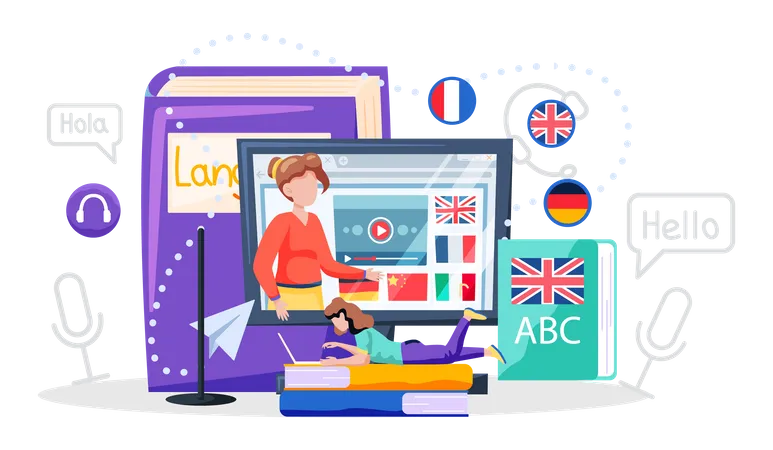 Online Internet Language Courses Flat Vector Illustration Foreign Speech Study At Home Using Computer Instructor Leads Video Lesson On Computer Teaches Students Distance Classes Via Internet Illustration