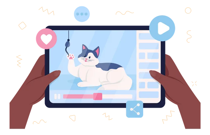Cat Video Flat Color Vector Illustration Streaming Viral Content On Social Media Pet Video Watching Entertainment Media Cute Animal 2 D Cartoon Character On Tablet Screen Background Illustration
