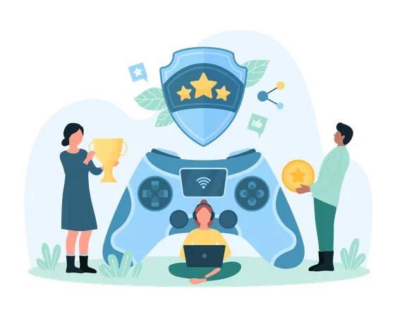 Gamification Online Gaming Competition Vector Illustration Cartoon Tiny People With Gamepad Play Video Games On Console Female And Male Gamers Holding Golden Cup And Coin Award For Victory Illustration