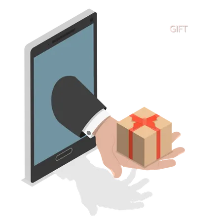 Gift Delivery Isometric Vector Illustration Delivery Man Hand With Gift Appeared From Smartphone Or Tablet Illustration