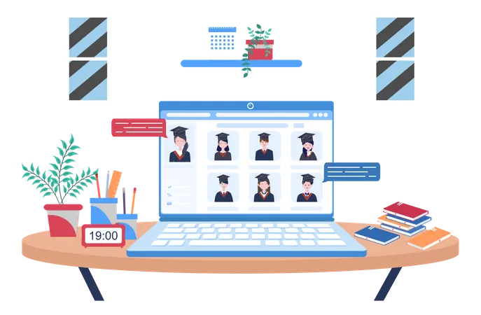 Online Virtual Graduation Day Of Students Celebrating Background Vector Illustration Wearing Academic Dress Graduate Cap And Holding Diploma In Communicate Via Video Illustration