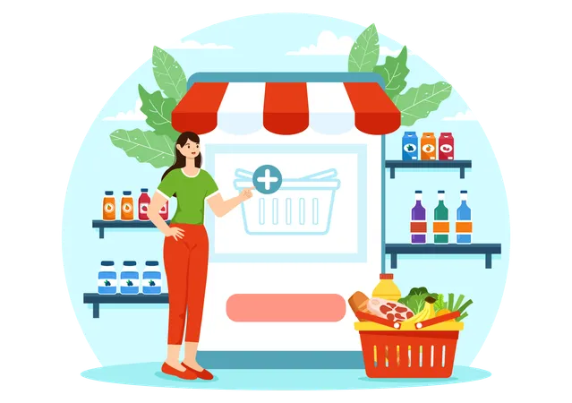 Online Grocery Store Vector Illustration With Food Product Shelves Racks Dairy Fruits And Drinks For Shopping Order Via Telephone In Background Illustration