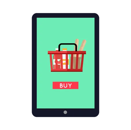 Tablet Computer With Full Shopping Basket On Screen Buy Now Icon Shopping Basket With Products Concept For Mobile Marketing And Online Shopping Online Payment Vector Illustration In Flat イラスト
