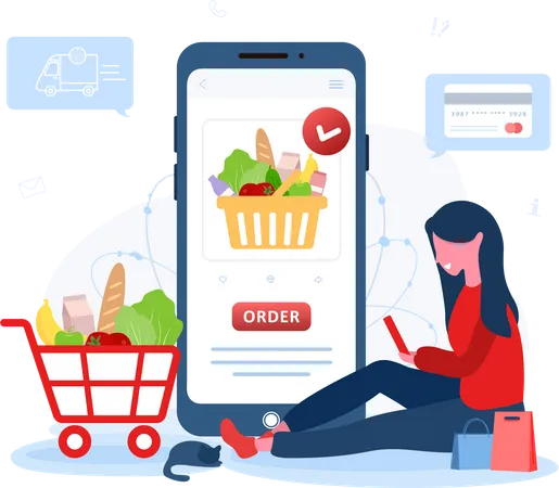 Online grocery shopping by woman Illustration