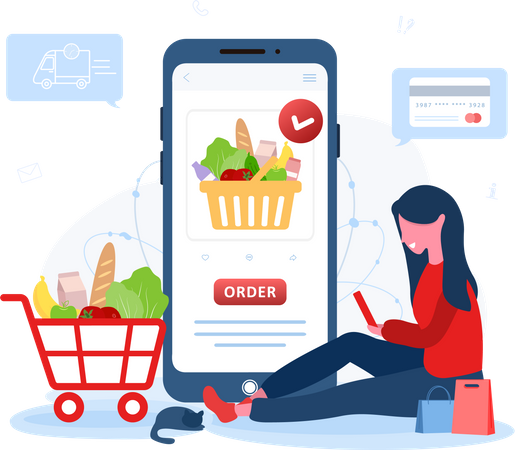 Online grocery shopping by woman  Illustration