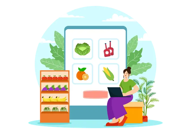 Online Grocery Store Vector Illustration With Food Product Shelves Racks Dairy Fruits And Drinks For Shopping Order Via Telephone In Background Illustration