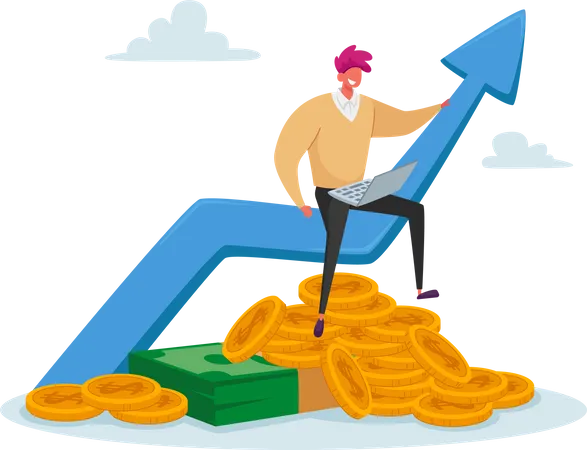 Tiny Business Man In Casual Clothing Work On Laptop Sitting On Huge Growing Arrow With Coins And Banknotes Below Money Income Growth Male Character Savings Or Investment Cartoon Vector Illustration Illustration