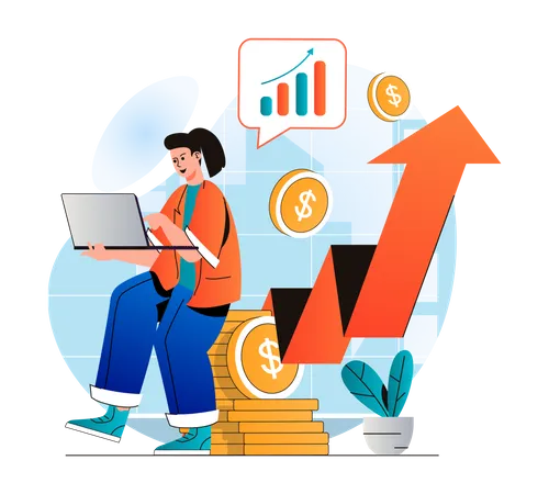 Business Growth Concept In Modern Flat Design Businesswoman Analysis Data At Laptop Develops Project And Increases Financial Profit Management Of Company Success Strategy Vector Illustration Illustration