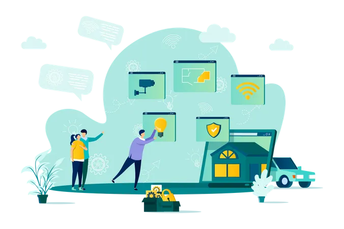 Online-Haussteuerung, -überwachung und -verwaltung, Haussystemautomatisierung  Illustration