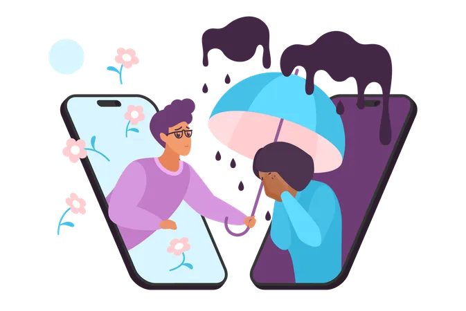 Empathy Care And Online Help Of Friend Or Psychology Or Psychotherapy Counselor Vector Illustration Cartoon Isolated Mobile Phones With Man Holding Umbrella Over Sad Crying Woman In Depression Illustration