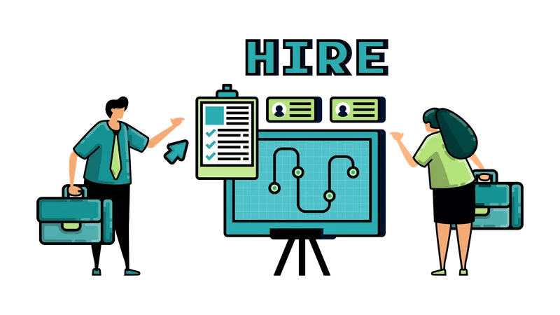 Illustration Of Hiring With The Words HIRE And Prospective Employees For Position Take Part In Company Strategy Performance Meeting To Be Approved For Work Illustration