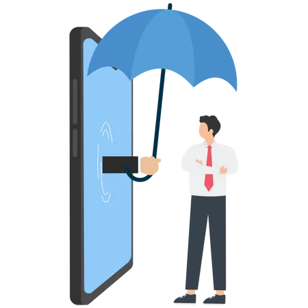Online insurance agent uses an umbrella to protect a businessman from rain  Illustration