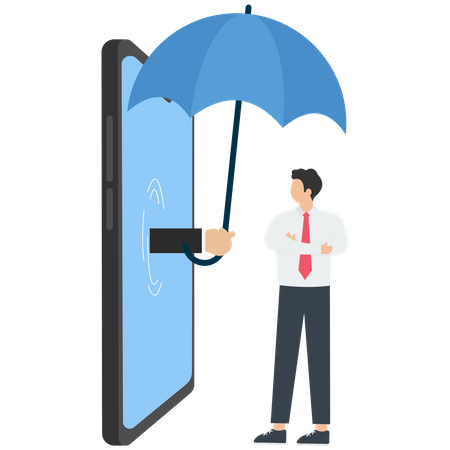 Online insurance agent uses an umbrella to protect a businessman from rain  Illustration