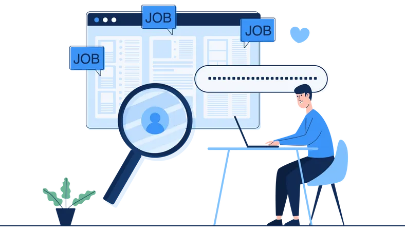 Man Search For Hiring Job Online From Laptop Human Resources Management Concept Searching Professional Staff Vector Illutration Flat Style Illustration