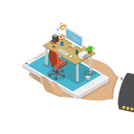 Online Job Searching Isometric Flat Vector Concept Hand With Office Table Chair And Computer Appeared From Smartphone Screen HR Human Resource Recruitment Illustration