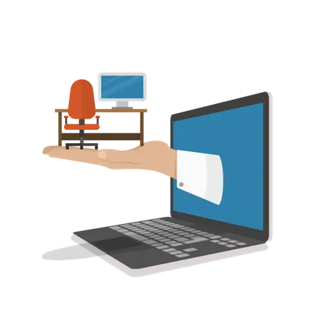 Online Job Searching Flat Vector Concept Hand With Office Table Chair And Computer Appeared From Laptop Screen Illustration