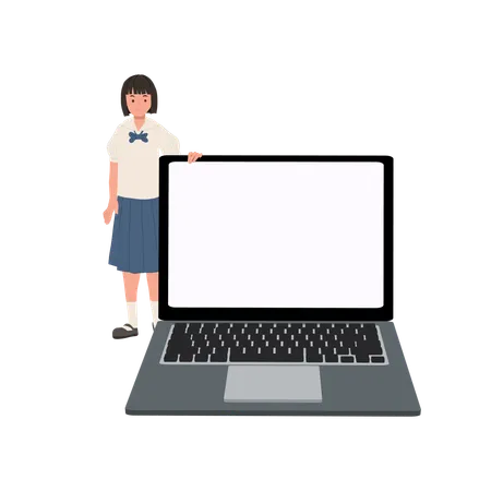 E Learning Concept School Technology Thai Student In Uniform With Big Laptop For Learning Online Illustration