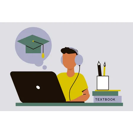 A Boy Is Learning Online Wearing Headphones Illustration