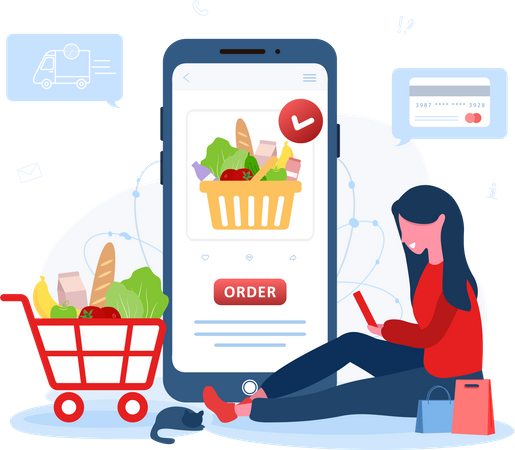 Online-Lebensmitteleinkauf durch Frau  Illustration