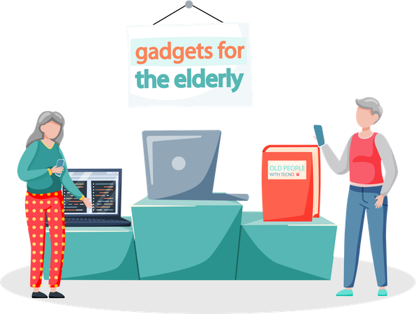 Online lecture and training gadgets for old people modern means of communication digital technology  Illustration