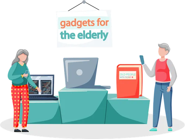 Online lecture and training gadgets for old people modern means of communication digital technology  Illustration