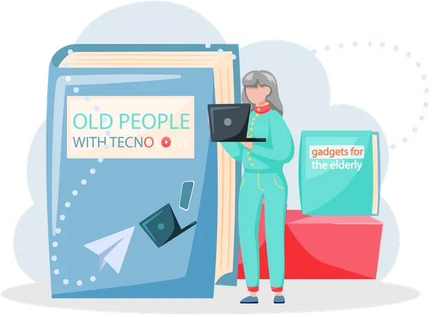 Online lecture and training gadgets for old people modern means of communication digital technology  Illustration