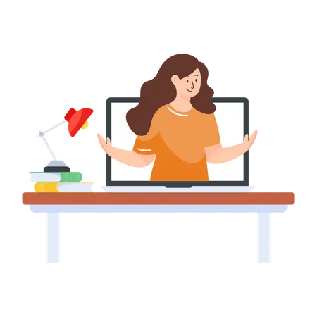 A Female Online Lecturer In A Laptop Flat Illustration Download Illustration
