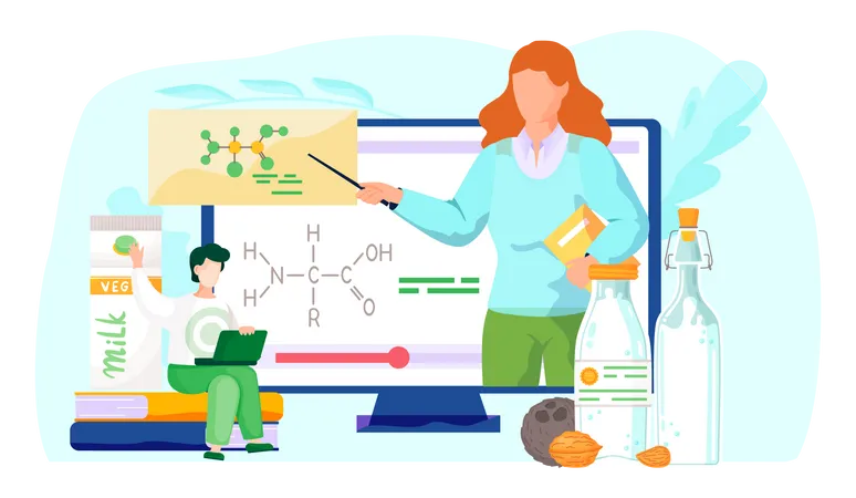 Guy With Laptop Sitting On Books Working Or Studying On His Computer During An Online Chemistry Lesson Video Teacher Explains A New Topic About Chemical Formulas And Composition Vegan Milk Illustration