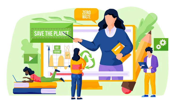 Online Lesson In Ecology Video About The Use Of Eco Friendly Shopping Bags The Girl Looks At The Screen With The Teacher Explaining A New Topic About The Environment Save The Planet Concept Illustration