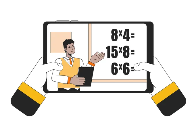 Online Lesson On Tablet Flat Line Concept Vector Spot Illustration Teacher Teaching Math Near Blackboard 2 D Cartoon Outline Character On White For Web UI Design Editable Isolated Colorful Hero Image Illustration
