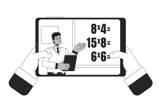 Online Lesson On Tablet Flat Line Concept Vector Spot Illustration Teacher Teaching Math Near Blackboard 2 D Cartoon Flat Line Monochromatic Character For Web UI Designimage Illustration