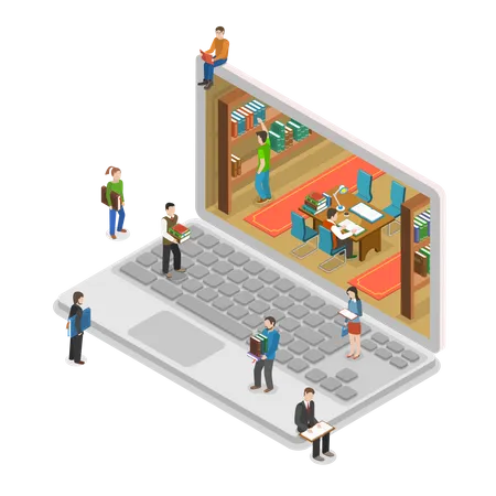 Online Library Flat Isometric Vector Concept People Near And Inside Library That Looks Like Laptop Education Reading Learning Online Illustration